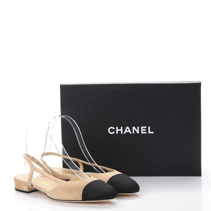 Chanel Kid Suede Satin Cap Toe CC Slingback Pumps 37.5 Beige Black 10 of 10