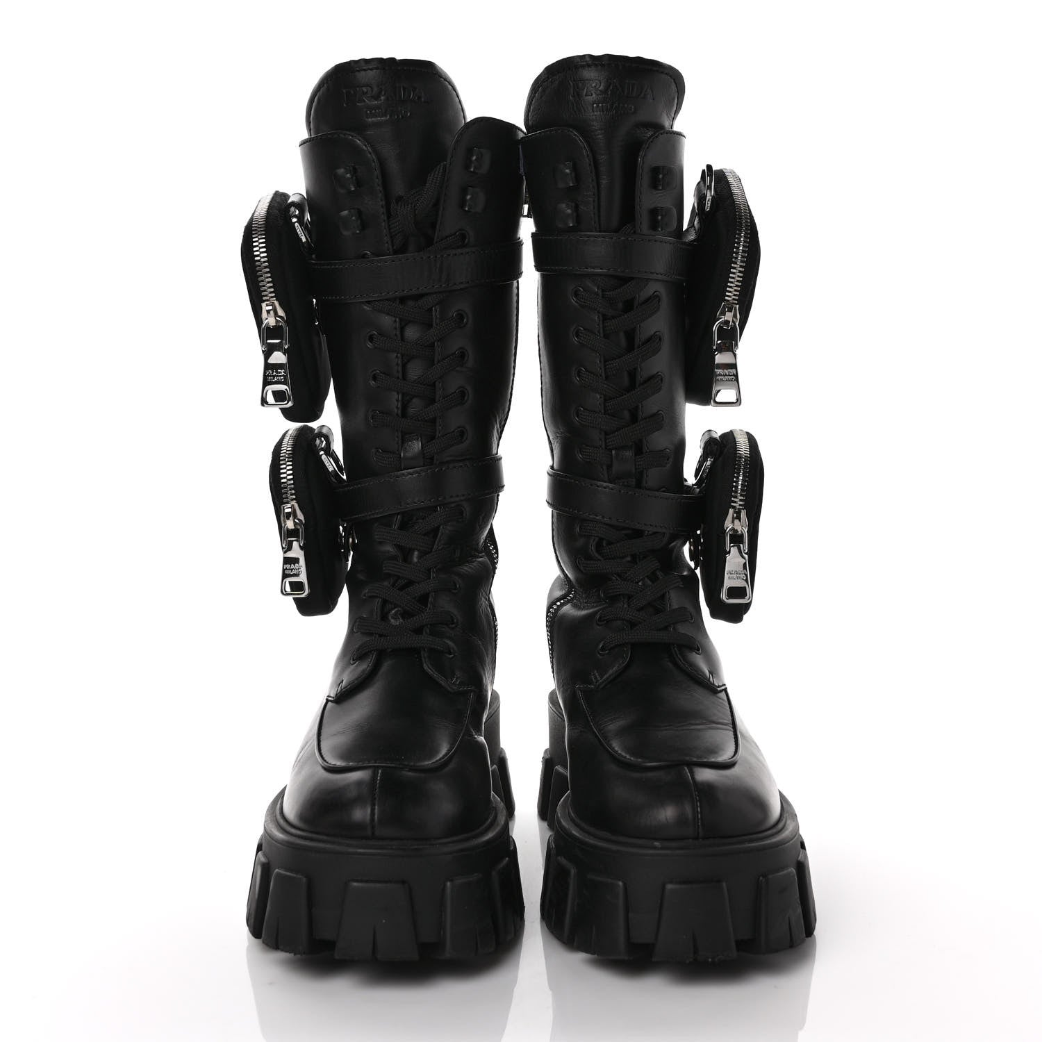 Prada Vitello Lux Nylon Metal Triangle Logo Monolith Pouch Pocket 55mm Tall Combat Boots 37 Black 2 of 10