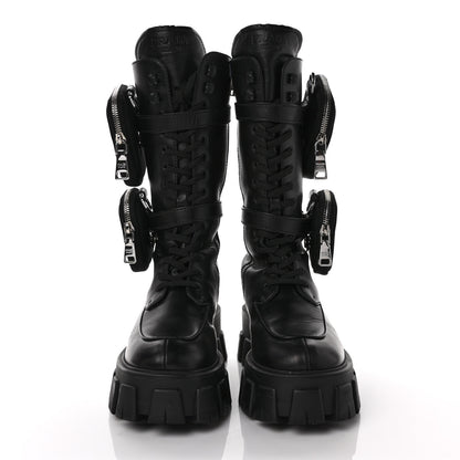 Prada Vitello Lux Nylon Metal Triangle Logo Monolith Pouch Pocket 55mm Tall Combat Boots 37 Black 2 of 10