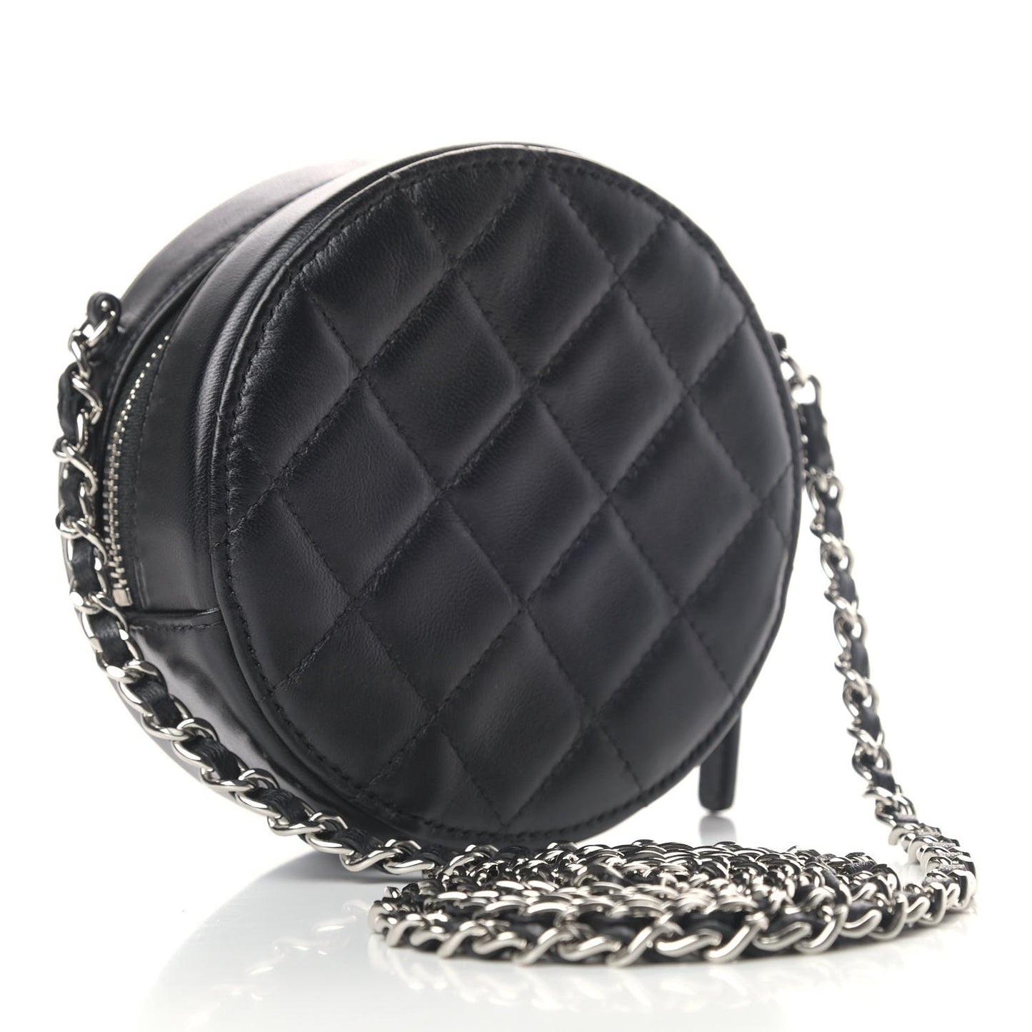 Lambskin Quilted Round Clutch With Chain Black
