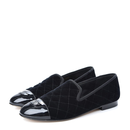 Chanel Velvet Quilted Cap Toe Womens CC Loafers 40 Black 3 of 10