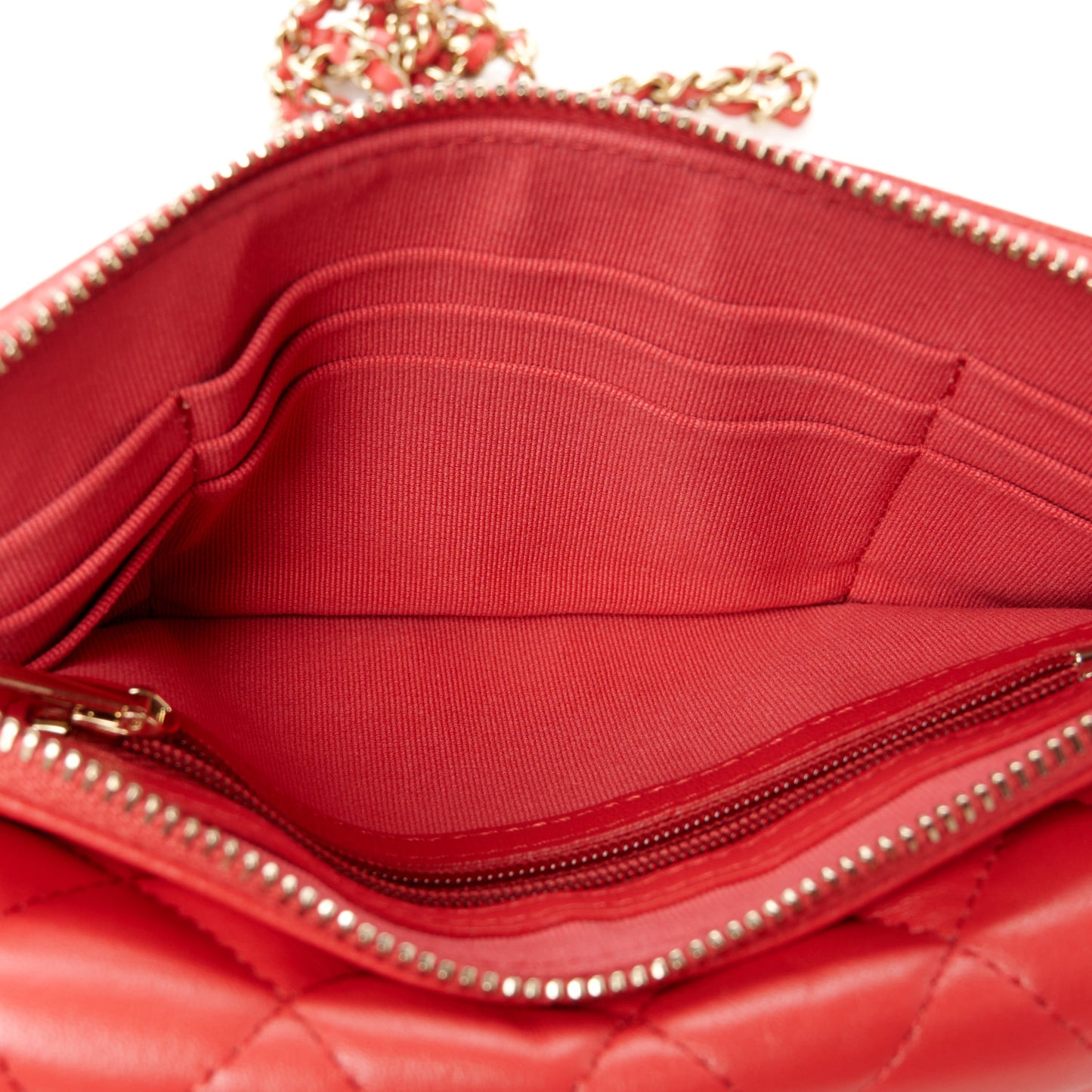 Lambskin Quilted Flap Phone Holder With Chain Red