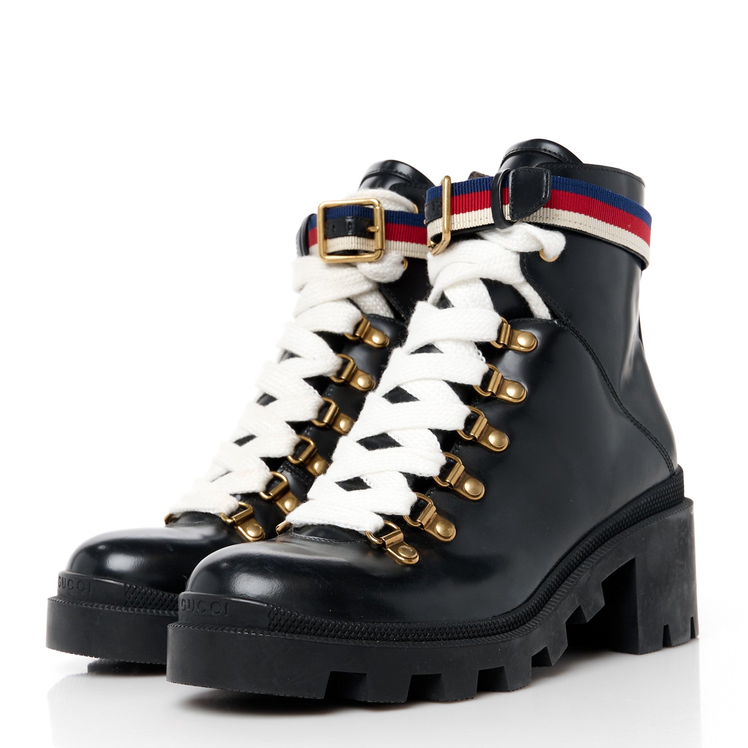 Gucci Calfskin Sylvie Web Womens Lace Up Combat Boots 37 Black 3 of 10