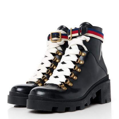 Gucci Calfskin Sylvie Web Womens Lace Up Combat Boots 37 Black 3 of 10
