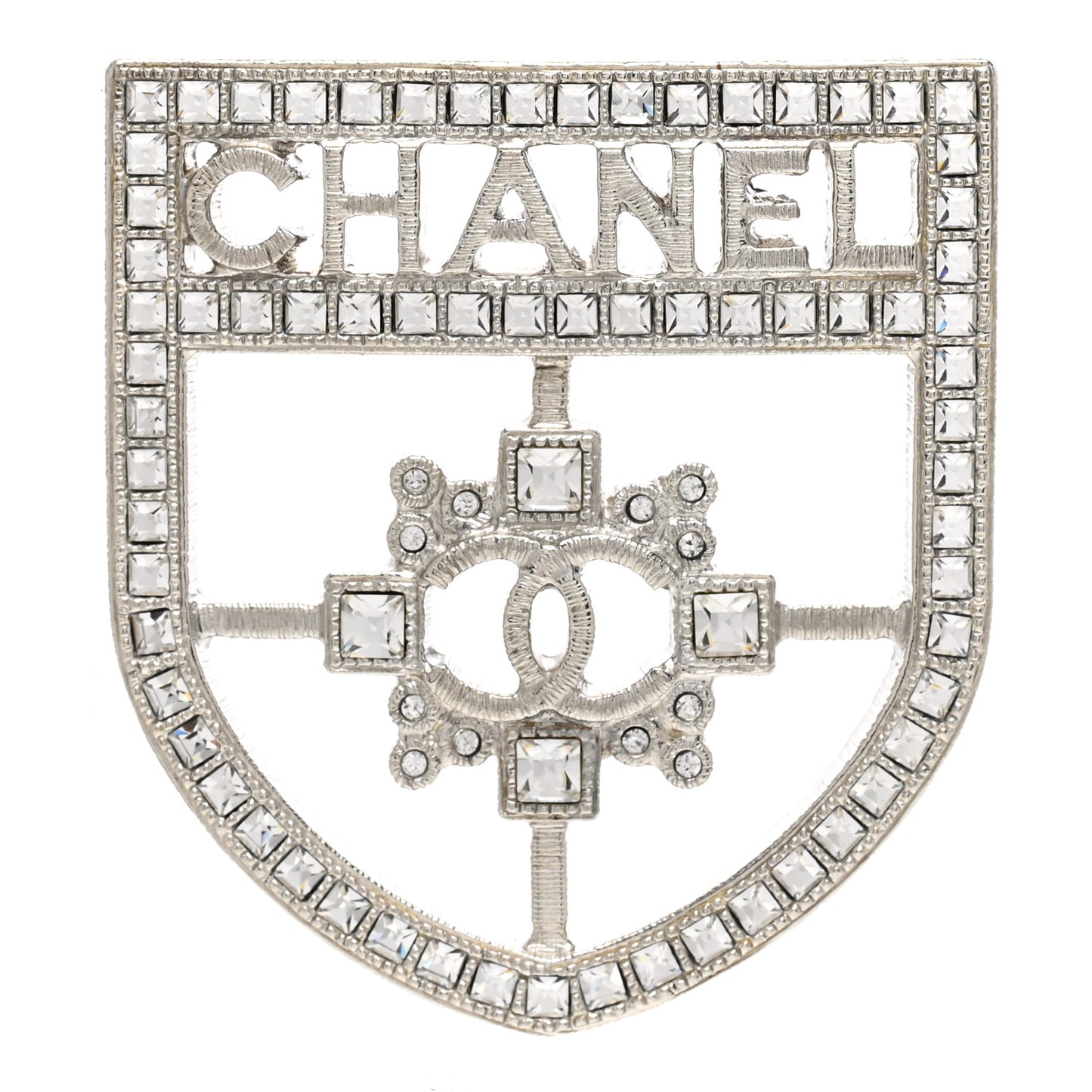 Swarovski Baguette Crystal CC Shield Brooch Silver