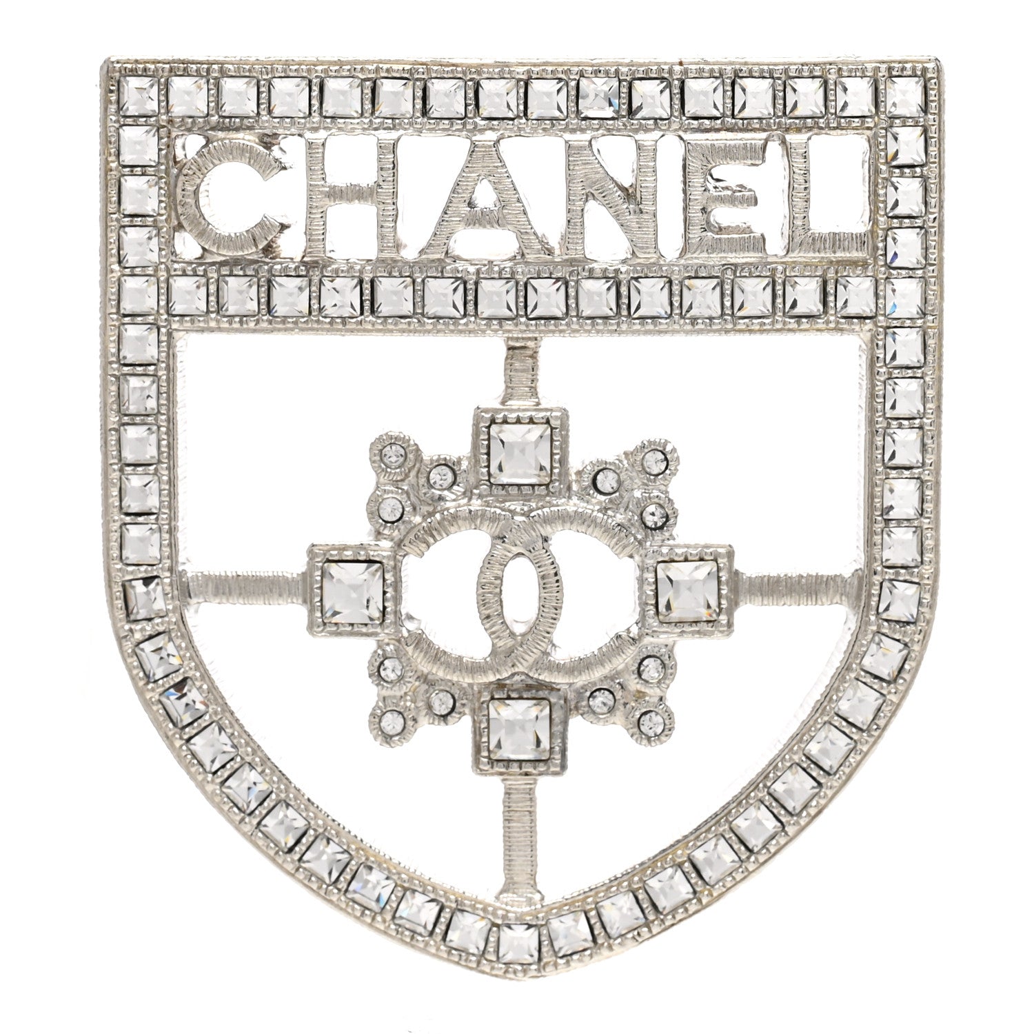 Chanel Swarovski Baguette Crystal CC Shield Brooch Silver 1 of 5