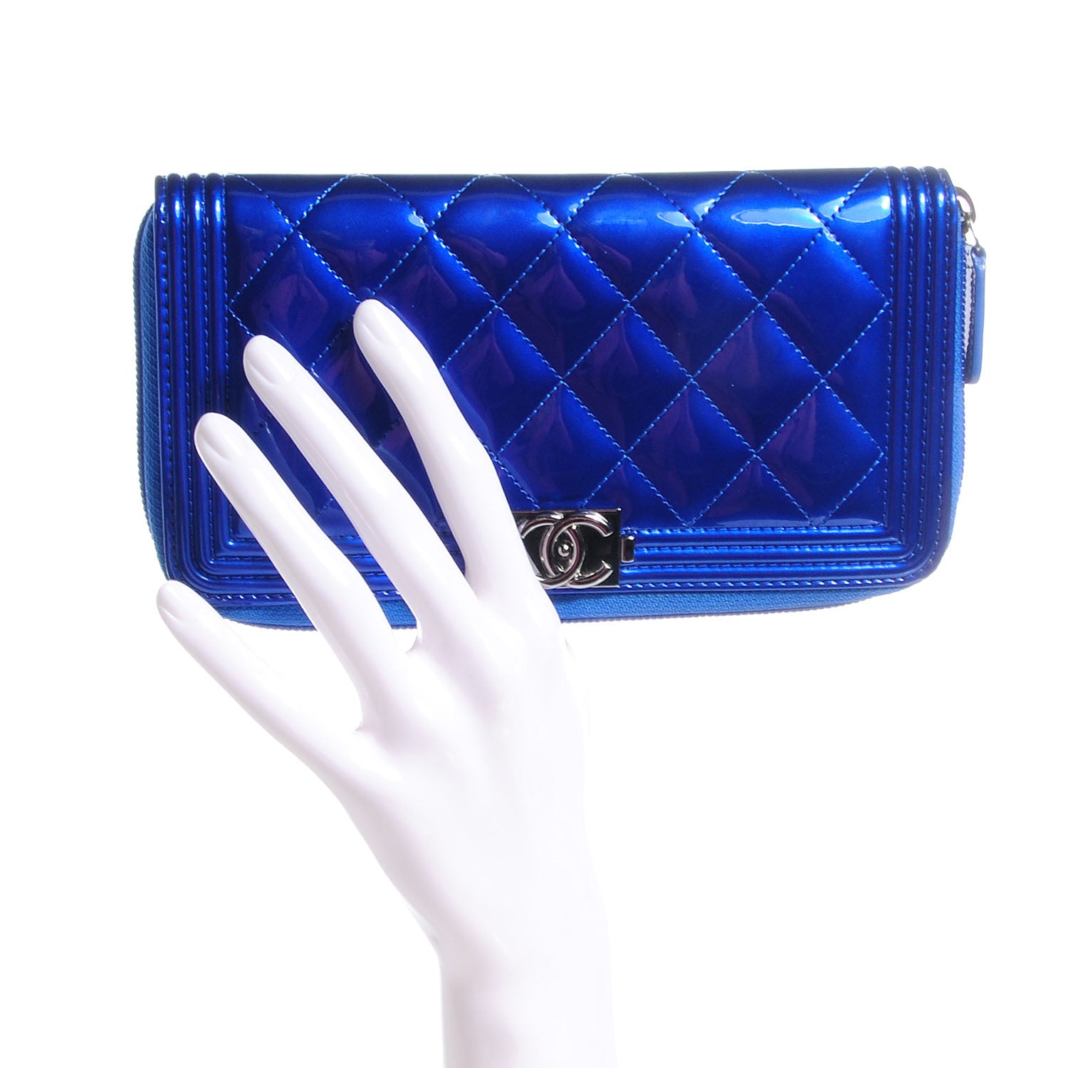 Chanel Metallic Patent Quilted Boy L-Gusset Zip Wallet Blue 2 of 9