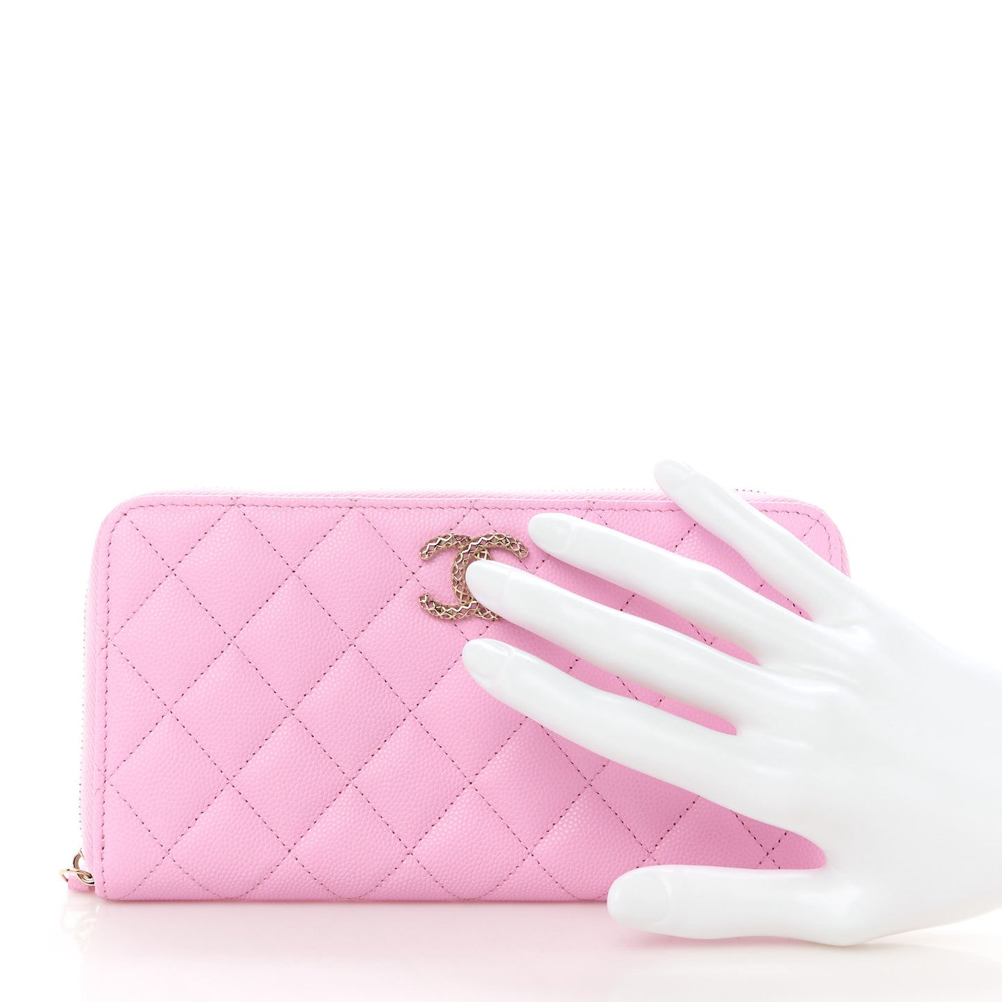 Caviar Quilted Perforated CC Long Zipped Wallet Pink