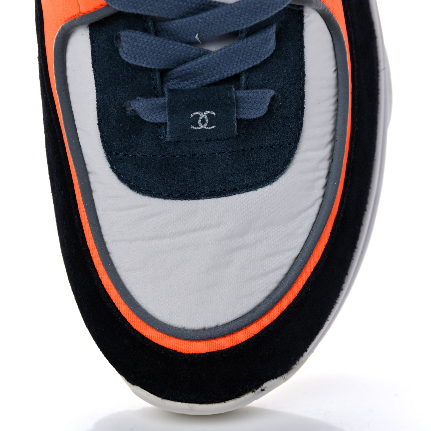 Chanel Nylon Calfskin Suede CC Womens Sneakers 39 Navy White Orange 10 of 14