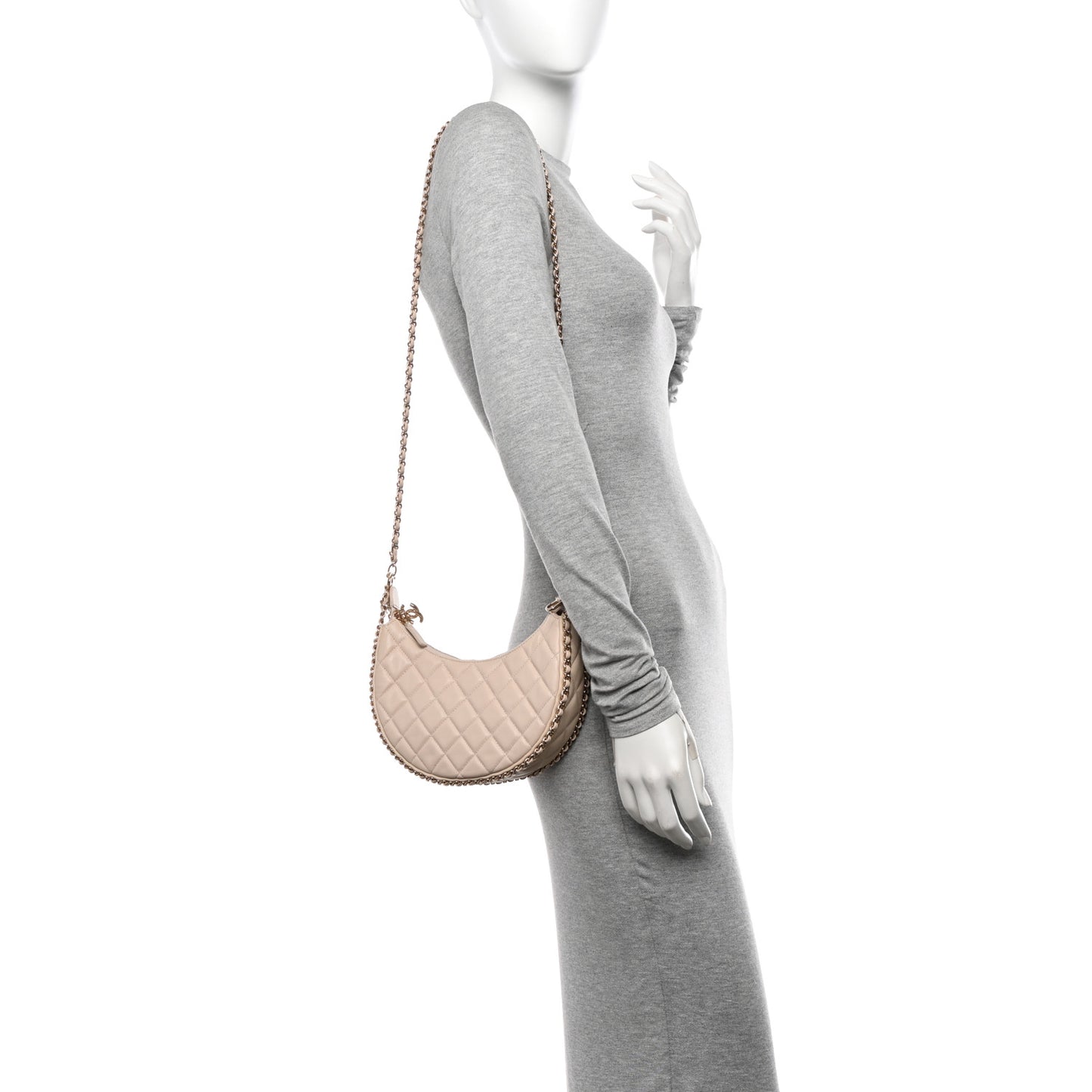 Lambskin Quilted Small Hobo Bag Light Beige