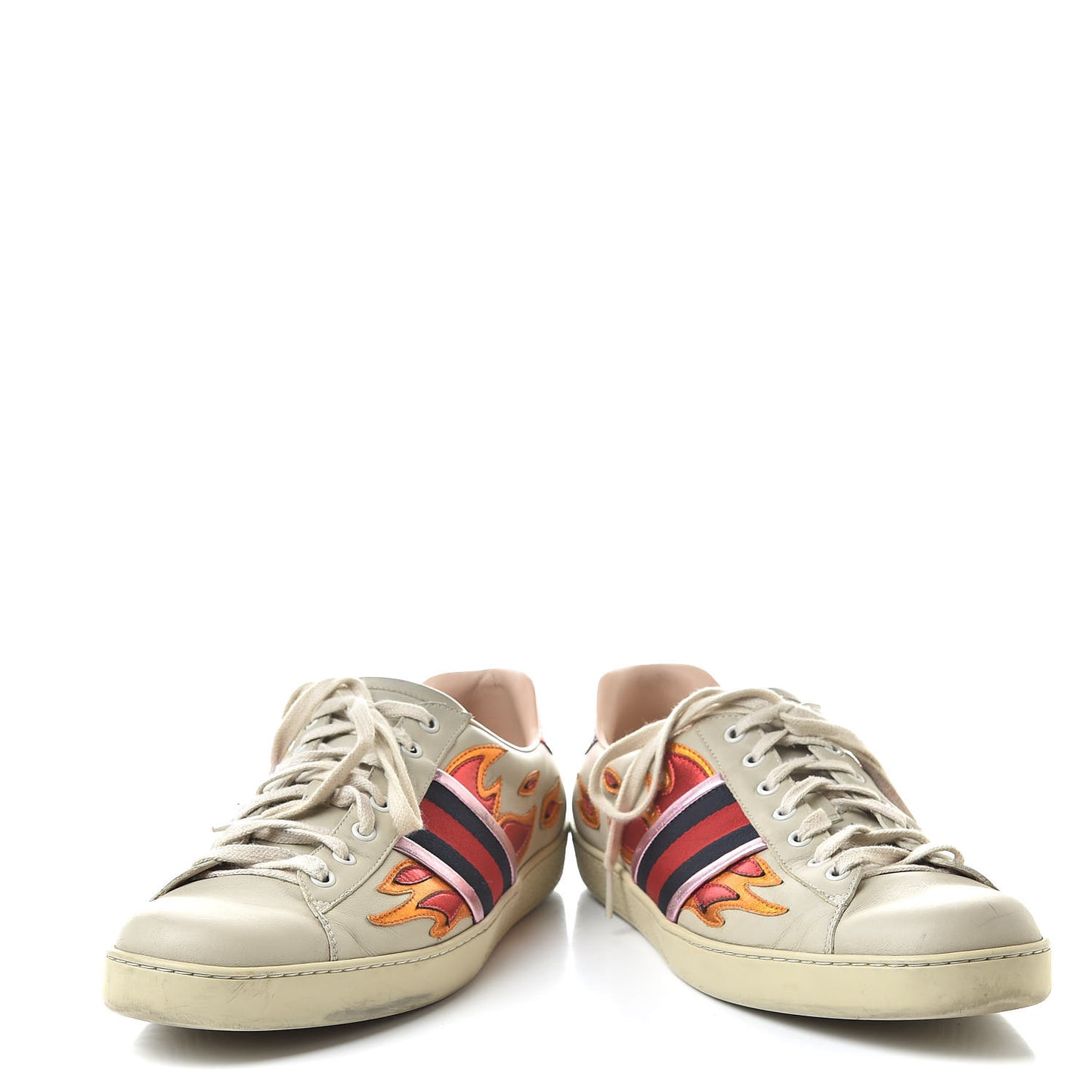 Calfskin Ayers Web Flames Embroidered Mens Ace Sneakers 10 Off White