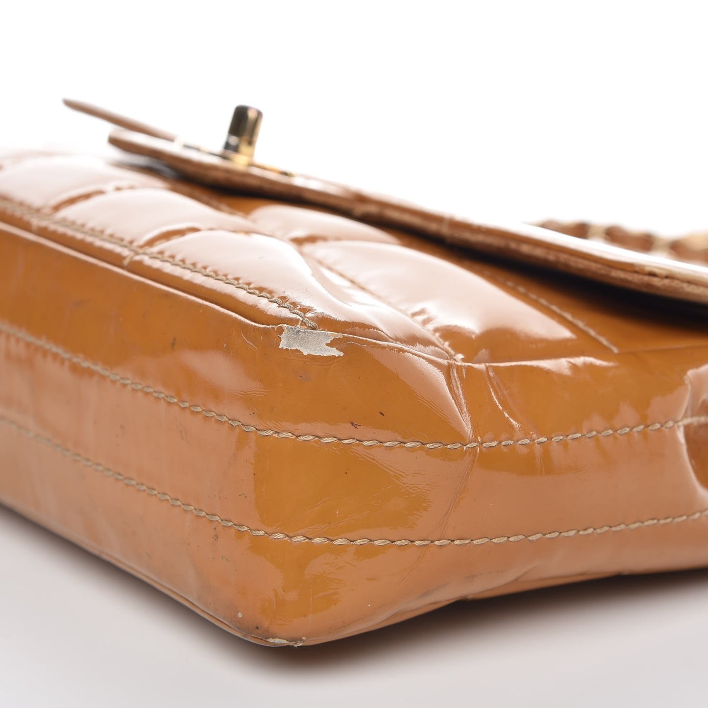 Patent Quilted Medium Chocolate Bar Flap Tan