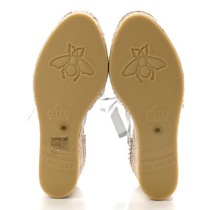 Gucci Lame GG Monogram Ankle Wrap Platform Espadrille Wedges 36 Silver Beige Light Grey 6 of 10