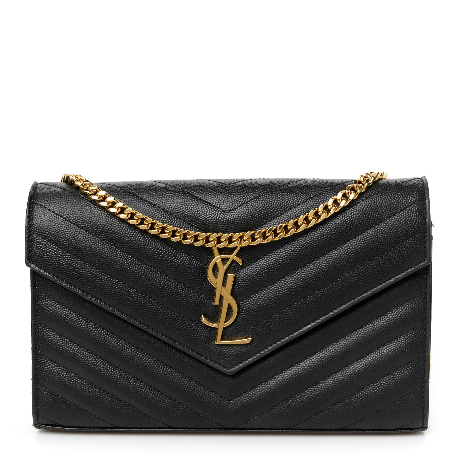 Saint Laurent Grain De Poudre Matelasse Chevron Monogram Chain Wallet Black 1 of 9