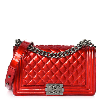 Chanel Metallic Patent Calfskin Quilted Medium Boy Flap Red 1 of 17