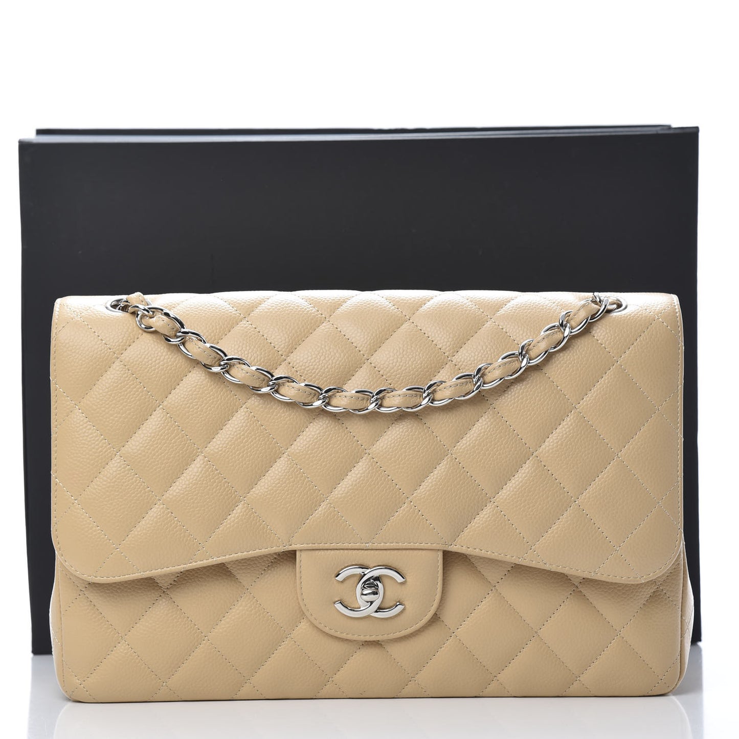 Caviar Quilted Jumbo Double Flap Beige Clair