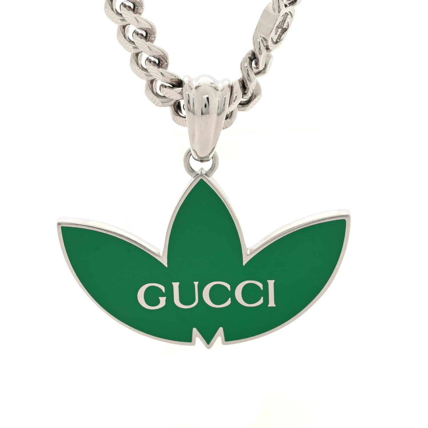 Gucci X ADIDAS Enamel Trefoil Gourmette Pendant Necklace Silver Green 4 of 5