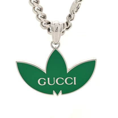 Gucci X ADIDAS Enamel Trefoil Gourmette Pendant Necklace Silver Green 4 of 5