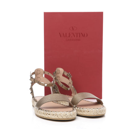 Valentino Garavani Metallic Calfskin Rockstud Ankle Strap Espadrille Flat Sandals 39 Skin 8 of 8