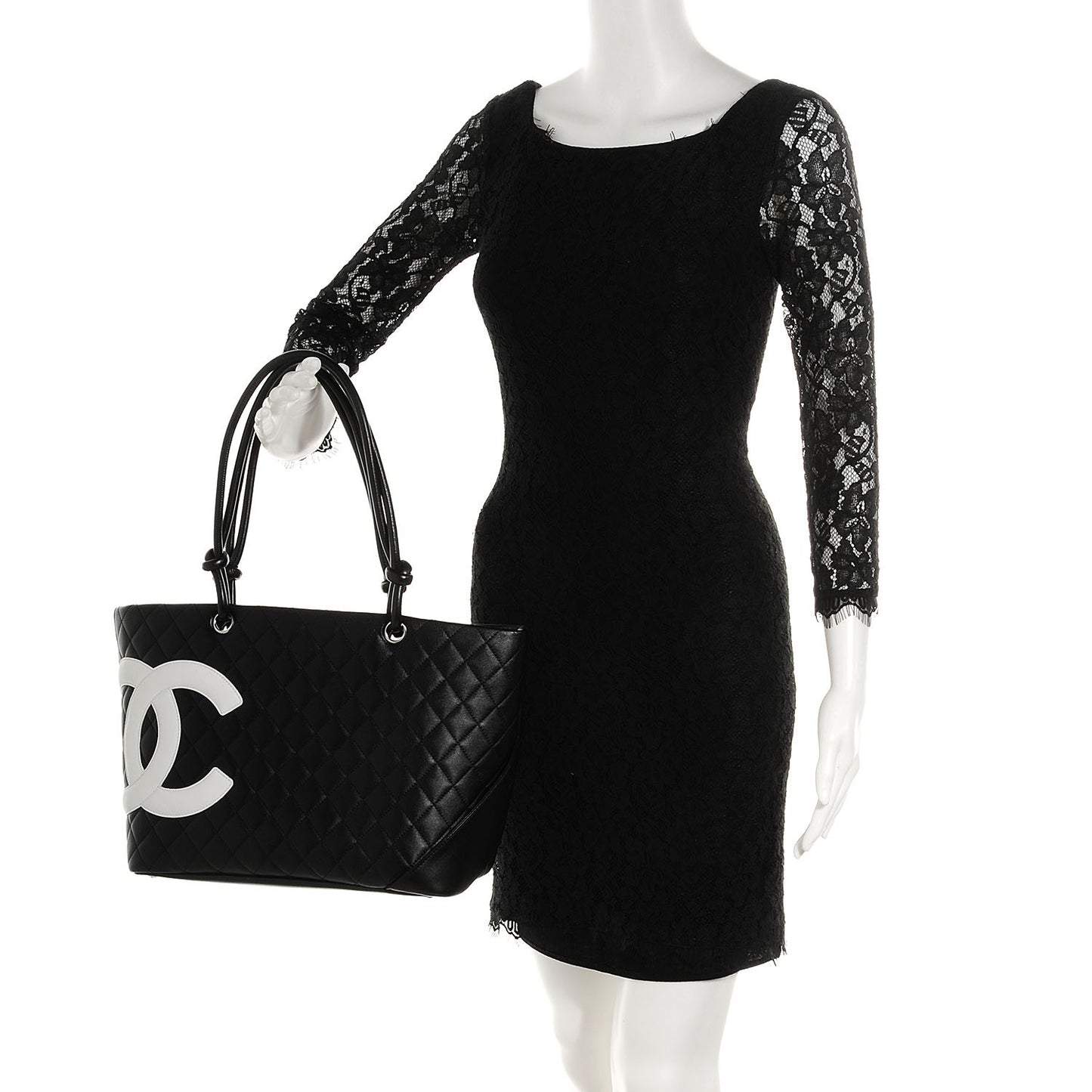 Calfskin Quilted Large Cambon Tote Black White