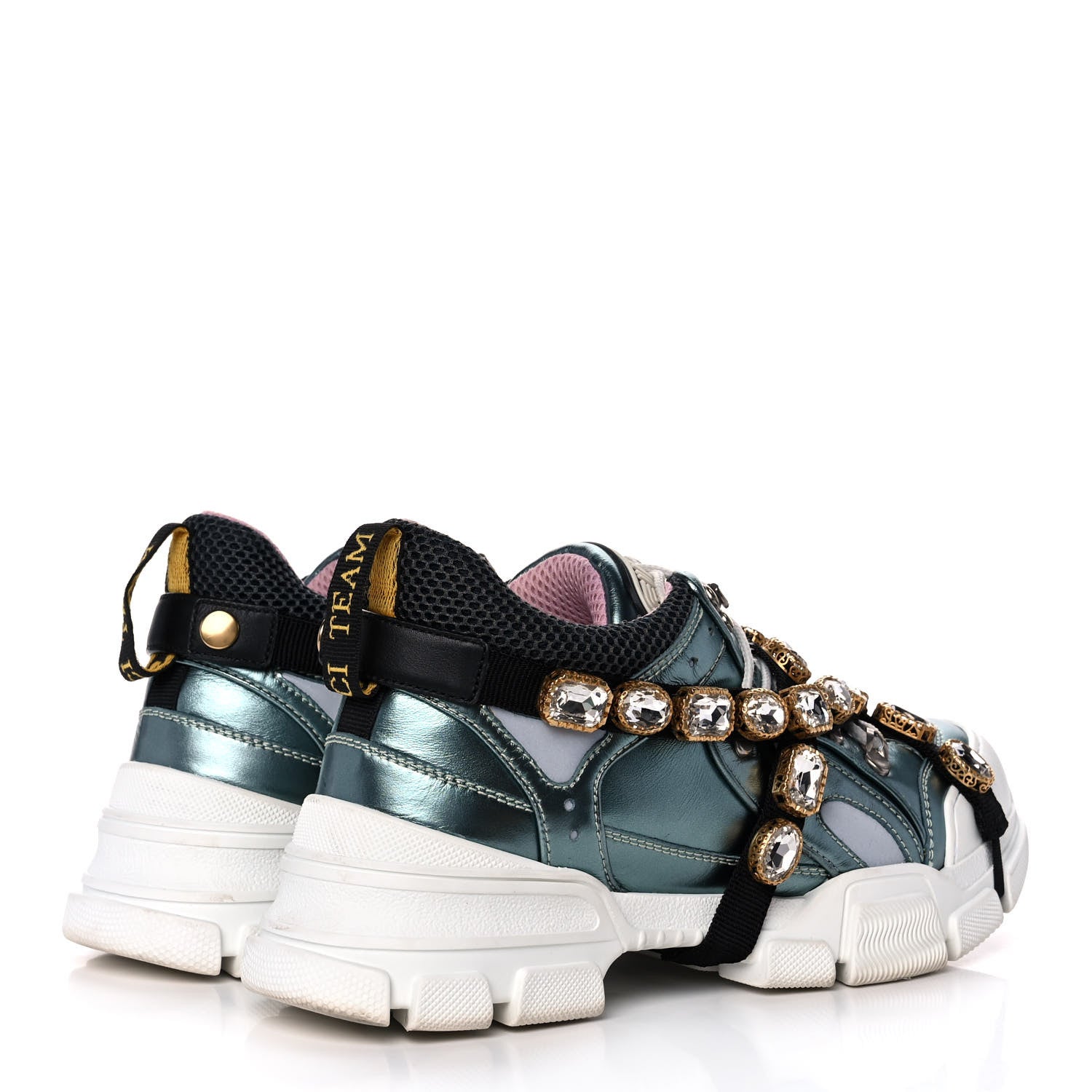 Gucci X SEGA Metallic Calfskin Removable Crystals Womens Flashtrek Sneakers 39 Lago Loess Silver 4 of 8