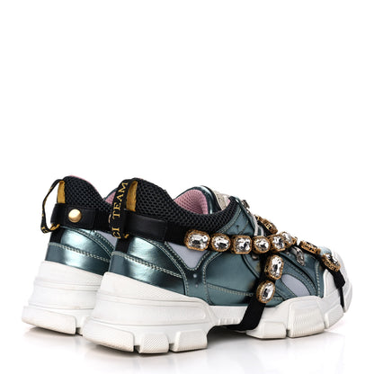 Gucci X SEGA Metallic Calfskin Removable Crystals Womens Flashtrek Sneakers 39 Lago Loess Silver 4 of 8
