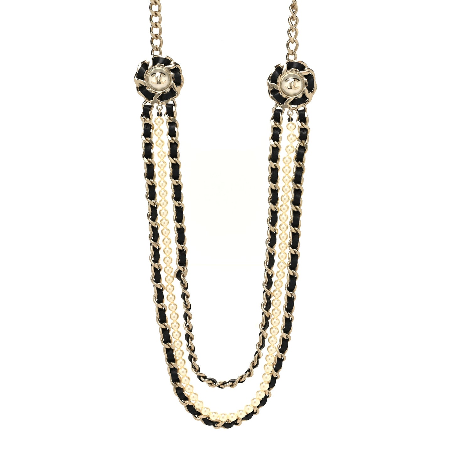 Pearl Lambskin Chain CC Multi Strand Necklace Gold Black