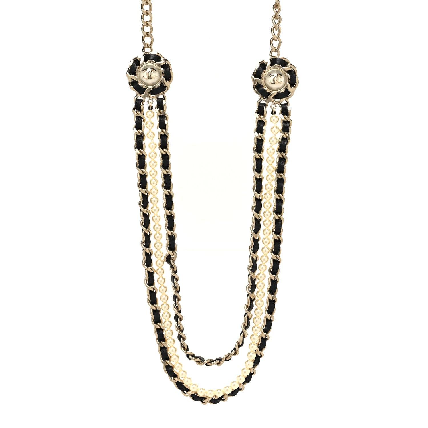 Chanel Pearl Lambskin Chain CC Multi Strand Necklace Gold Black 1 of 5