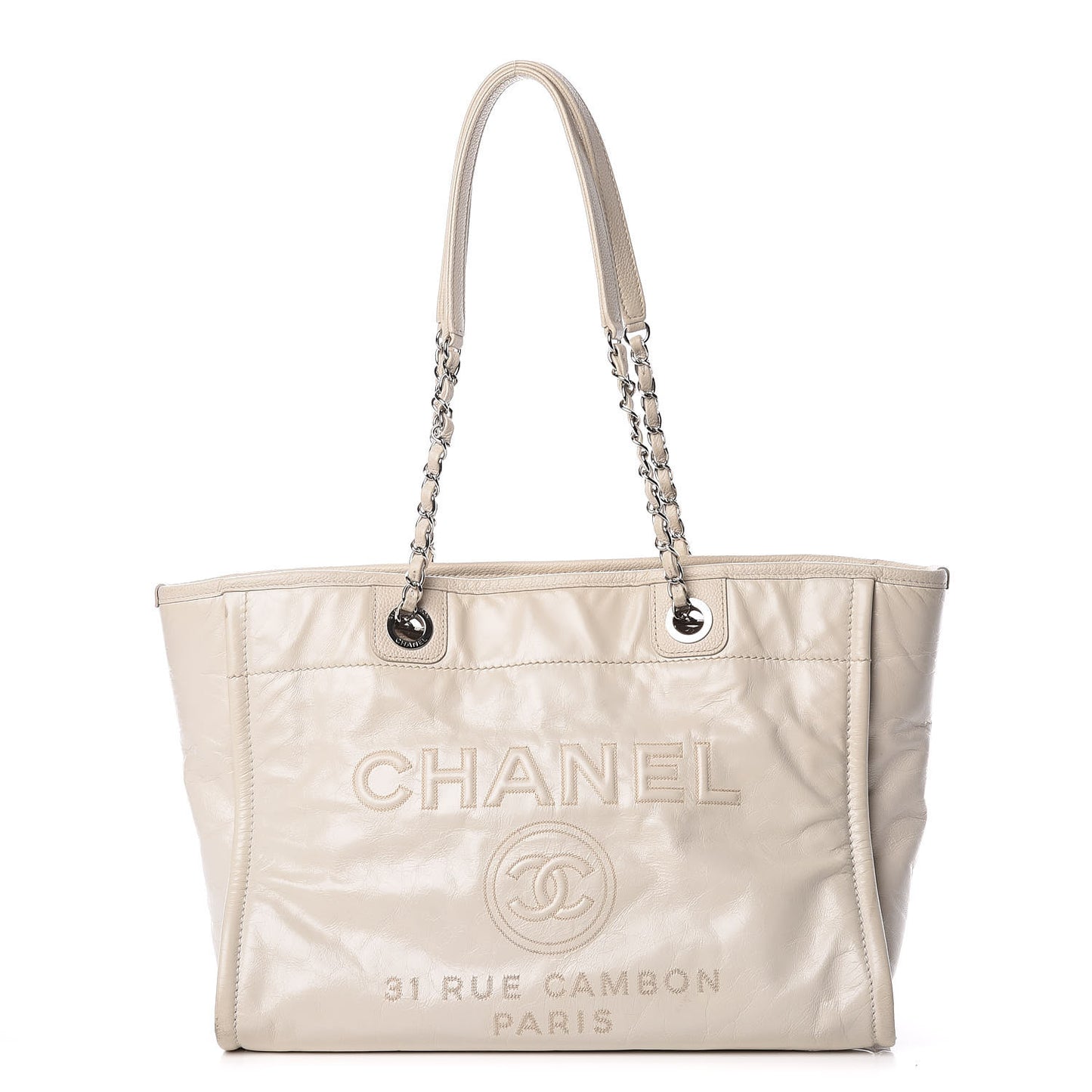 Glazed Calfskin Small Deauville Tote Ecru
