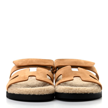 Hermes Suede Goatskin Woolskin Womens Chypre Sandals 38 Golden Beige 2 of 8