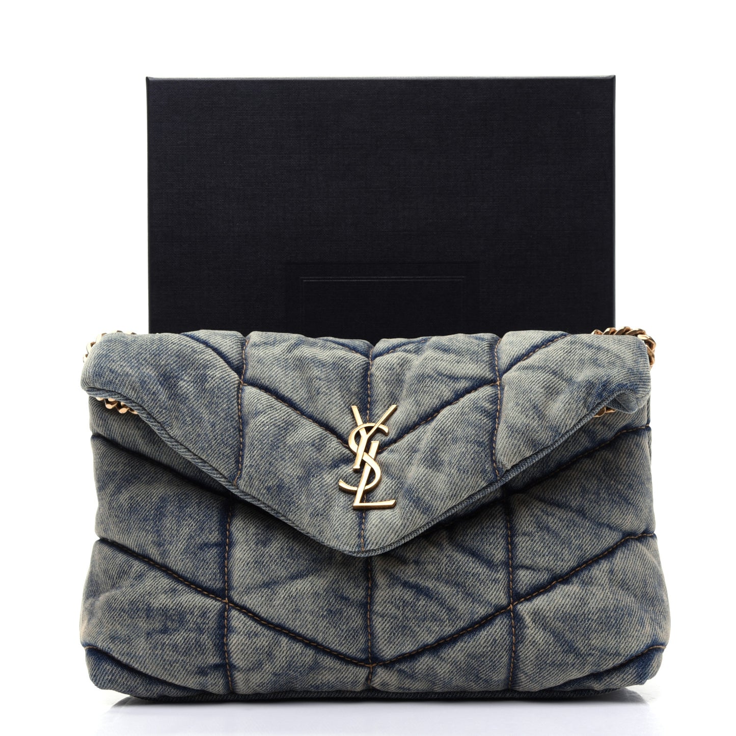 Denim Quilted Toy Loulou Puffer Monogram Chain Satchel Blue Cinnamon