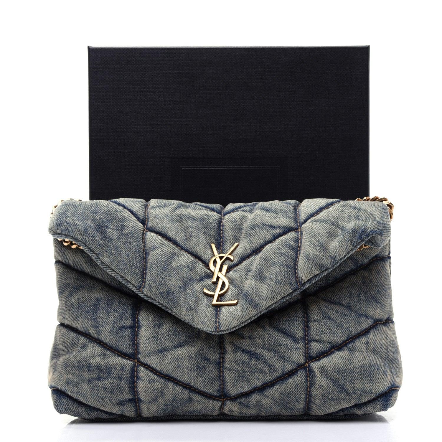 Saint Laurent Denim Quilted Toy Loulou Puffer Monogram Chain Satchel Blue Cinnamon 10 of 10