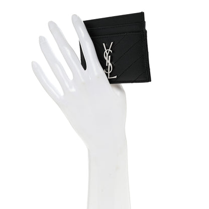 Saint Laurent Grain De Poudre Matelasse Chevron Monogram Credit Card Case Black 2 of 7