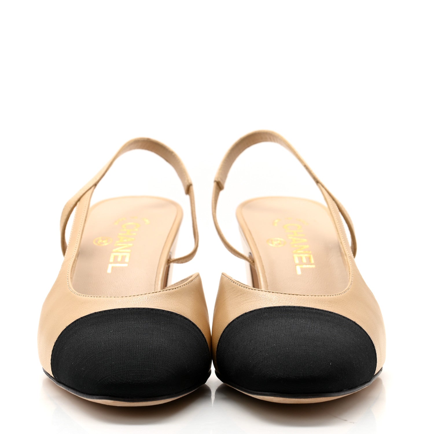 Chanel Goatskin Grosgrain Cap Toe CC Slingback Pumps 39 Beige Black 2 of 9