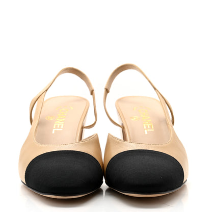 Chanel Goatskin Grosgrain Cap Toe CC Slingback Pumps 39 Beige Black 2 of 9