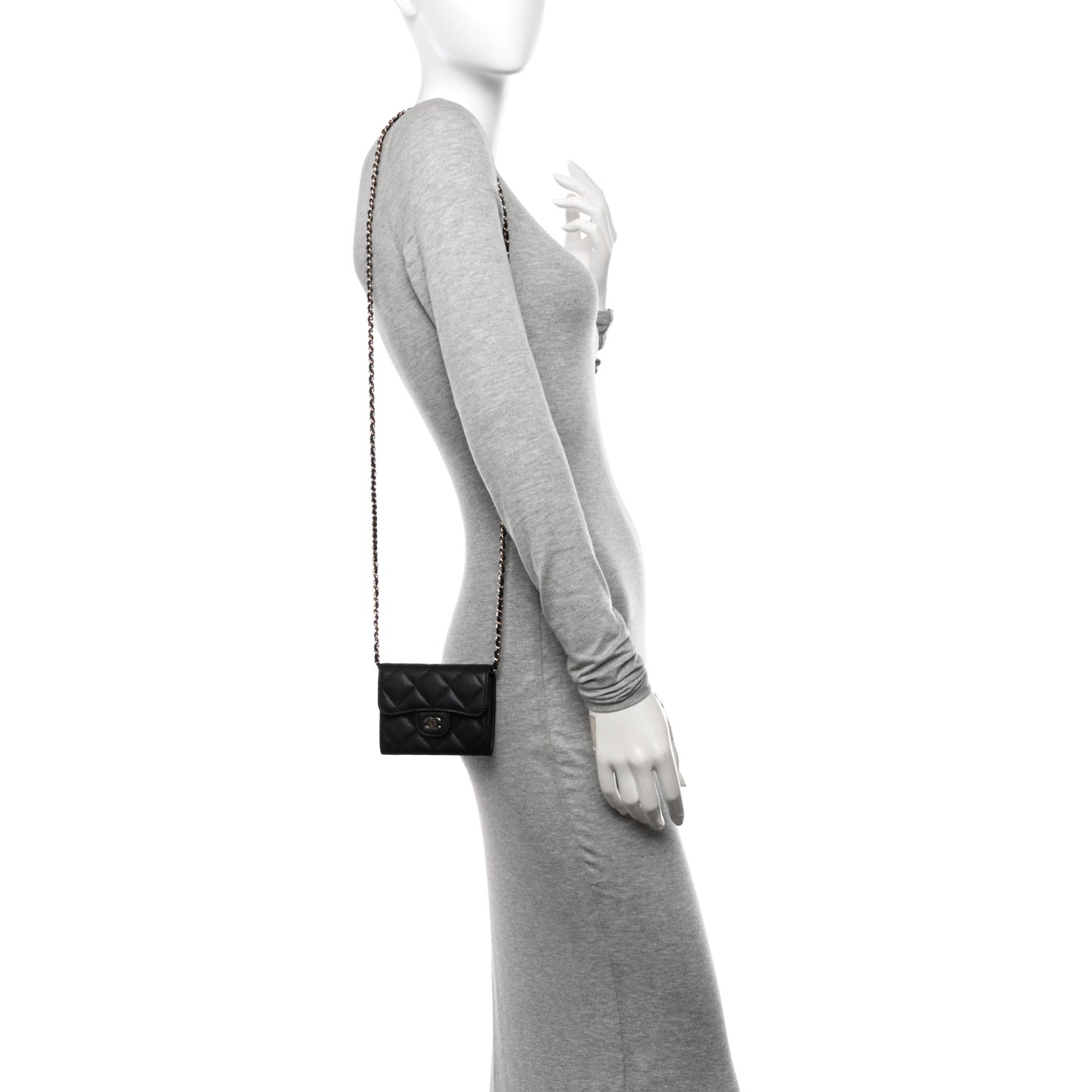 Caviar Quilted Flap Card Holder On Chain Black