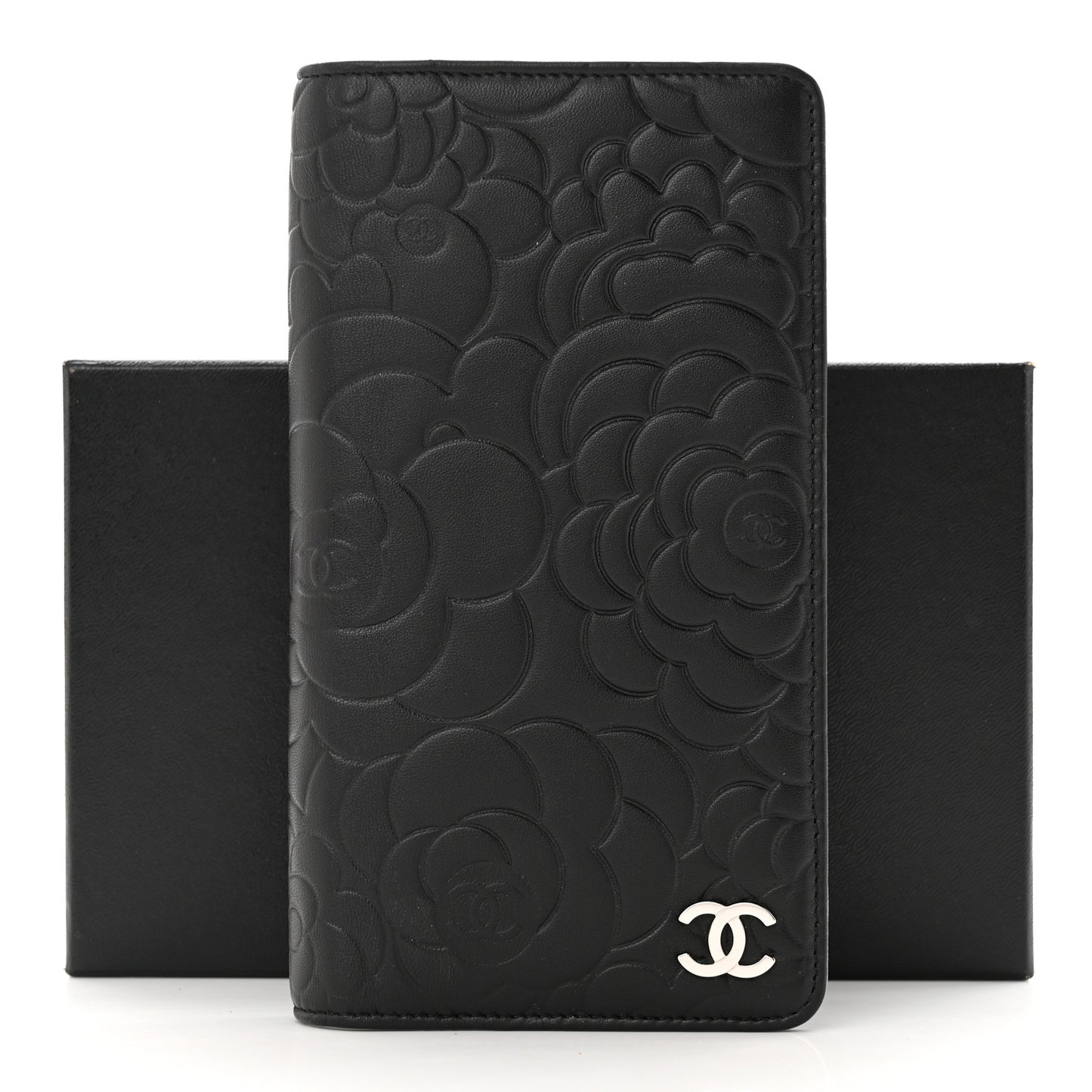 Lambskin Camellia Embossed Medium Agenda Cover Black
