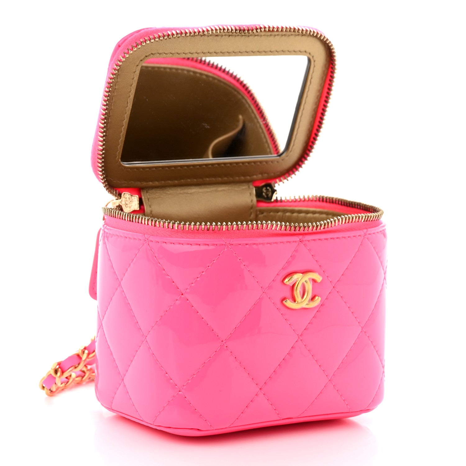Chanel Patent Quilted Pearl Crush Mini Vanity Case With Chain Neon Pink 5 of 12