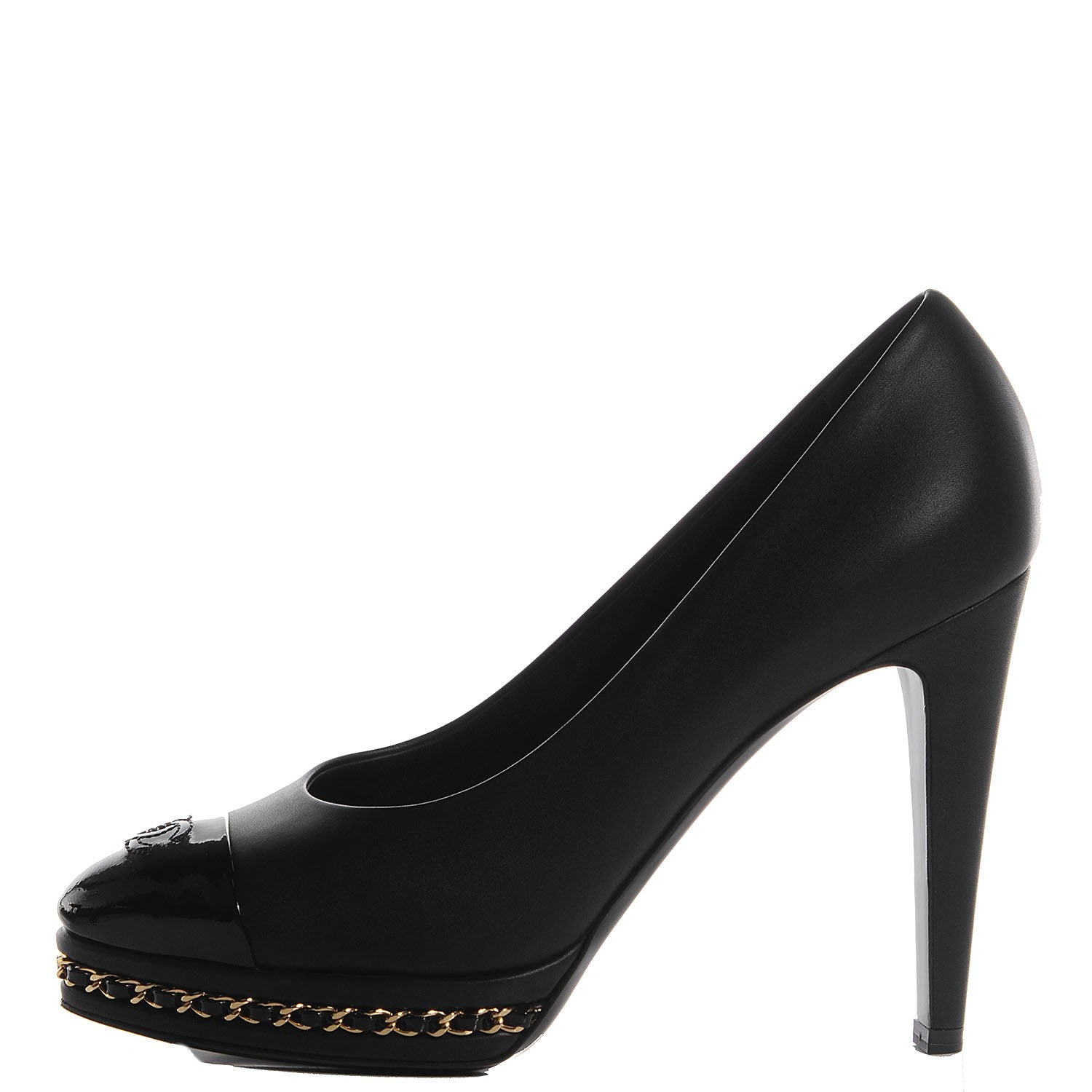 Chanel Calfskin Patent Cap Toe Platform Chain Pumps 37 Black 1 of 7