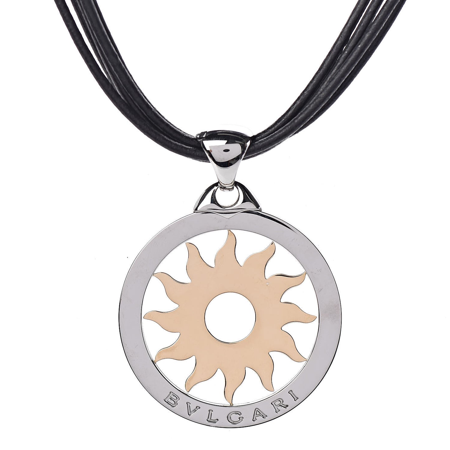 Stainless Steel 18K Yellow Gold Calfskin Tondo Sun Pendant Necklace