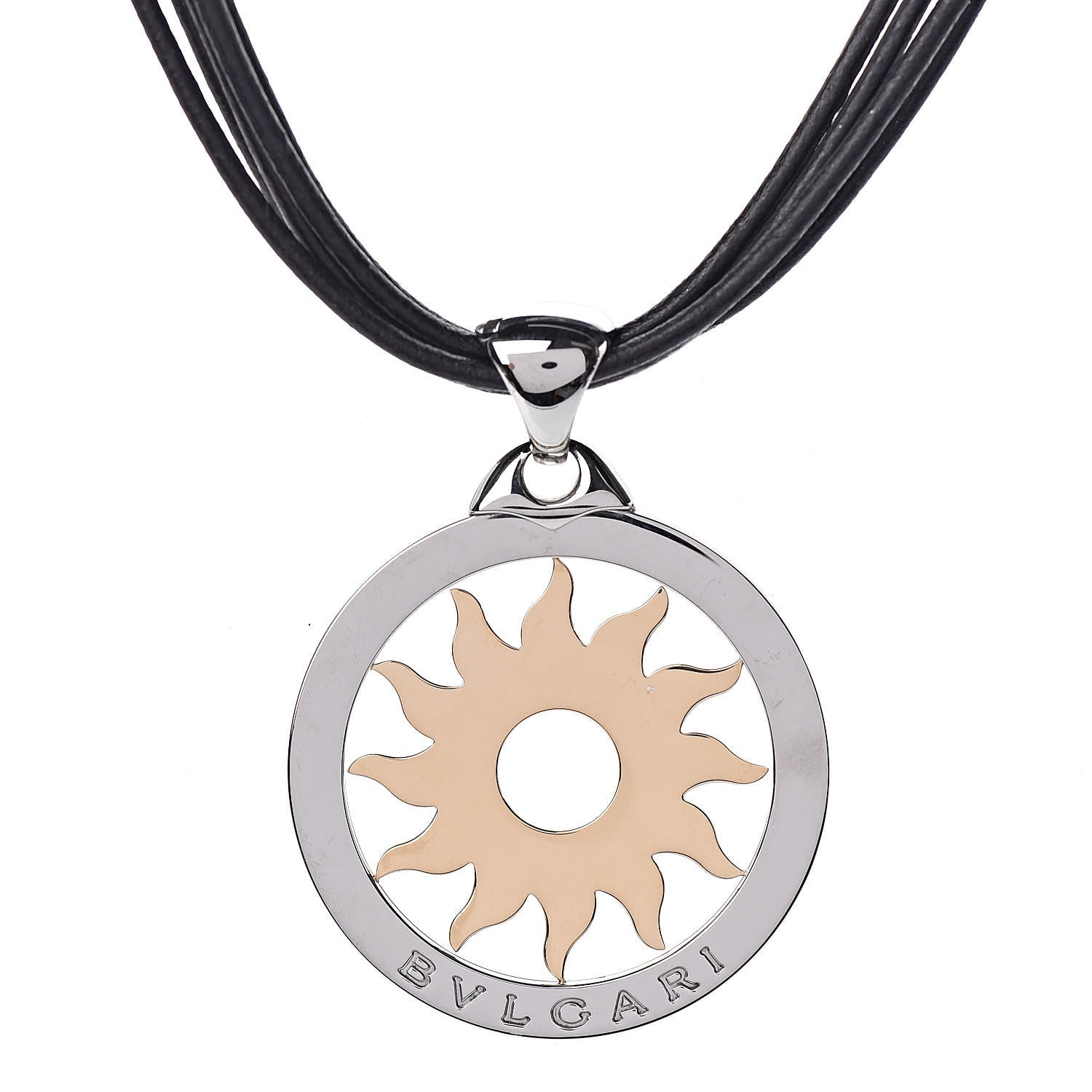 Bulgari Stainless Steel 18K Yellow Gold Calfskin Tondo Sun Pendant Necklace 4 of 6