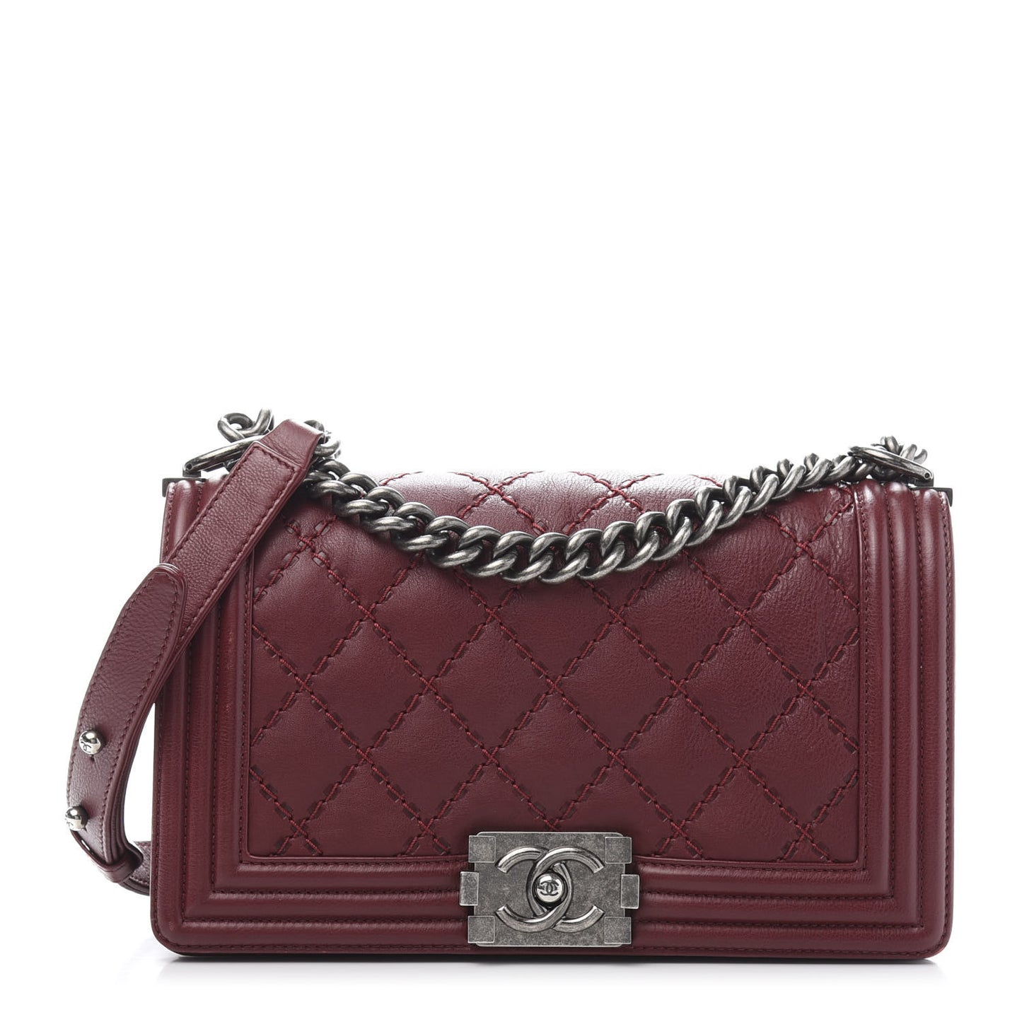 Calfskin Double Stitch Medium Boy Flap Burgundy