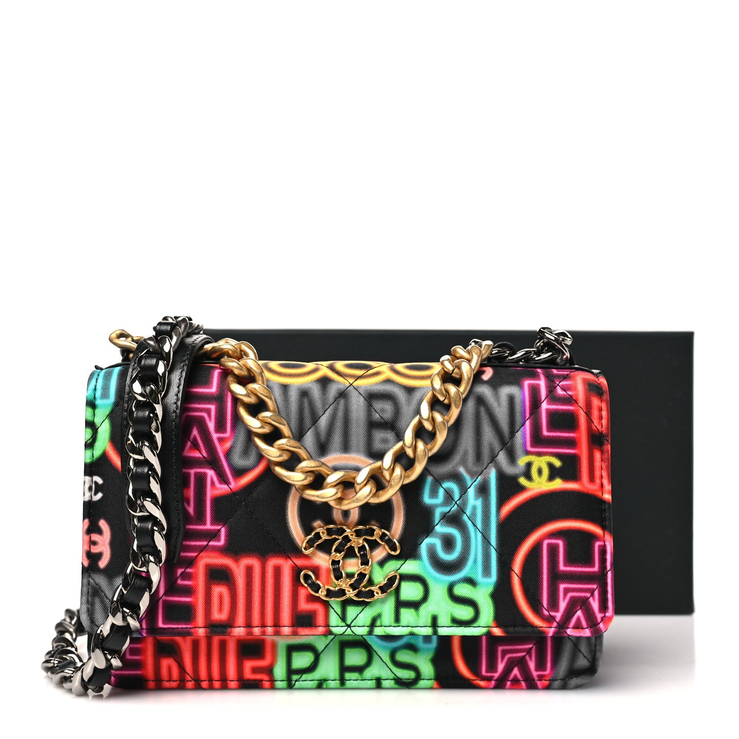 Fabric Printed Chanel 19 Wallet On Chain WOC Black Multicolor