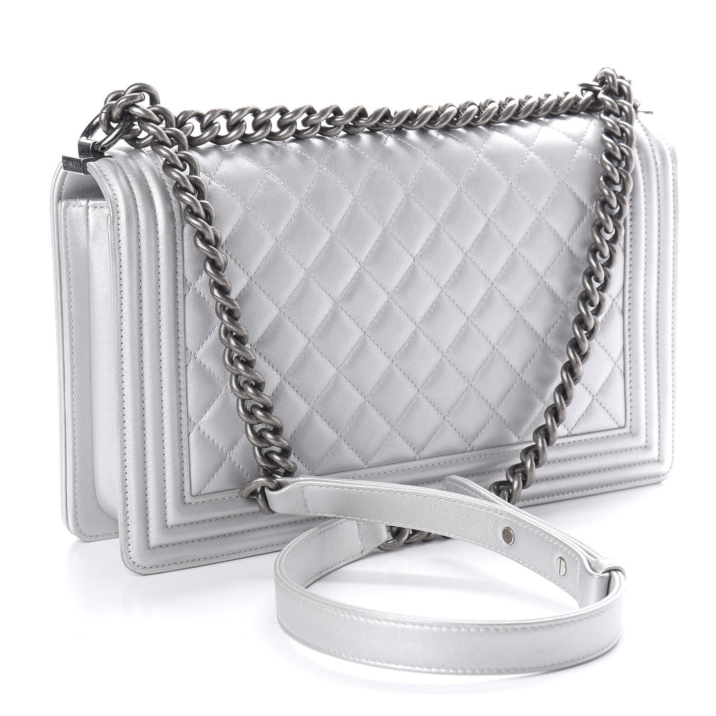 Metallic Calfskin Quilted New Medium Plexiglass Boy Flap Silver