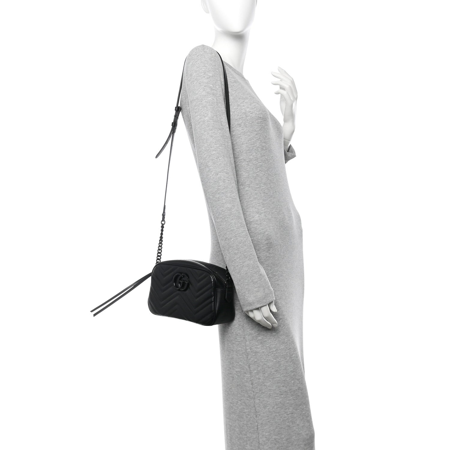 Gucci Calfskin Matelasse Monochrome Small GG Marmont Chain Shoulder Bag Black 2 of 10