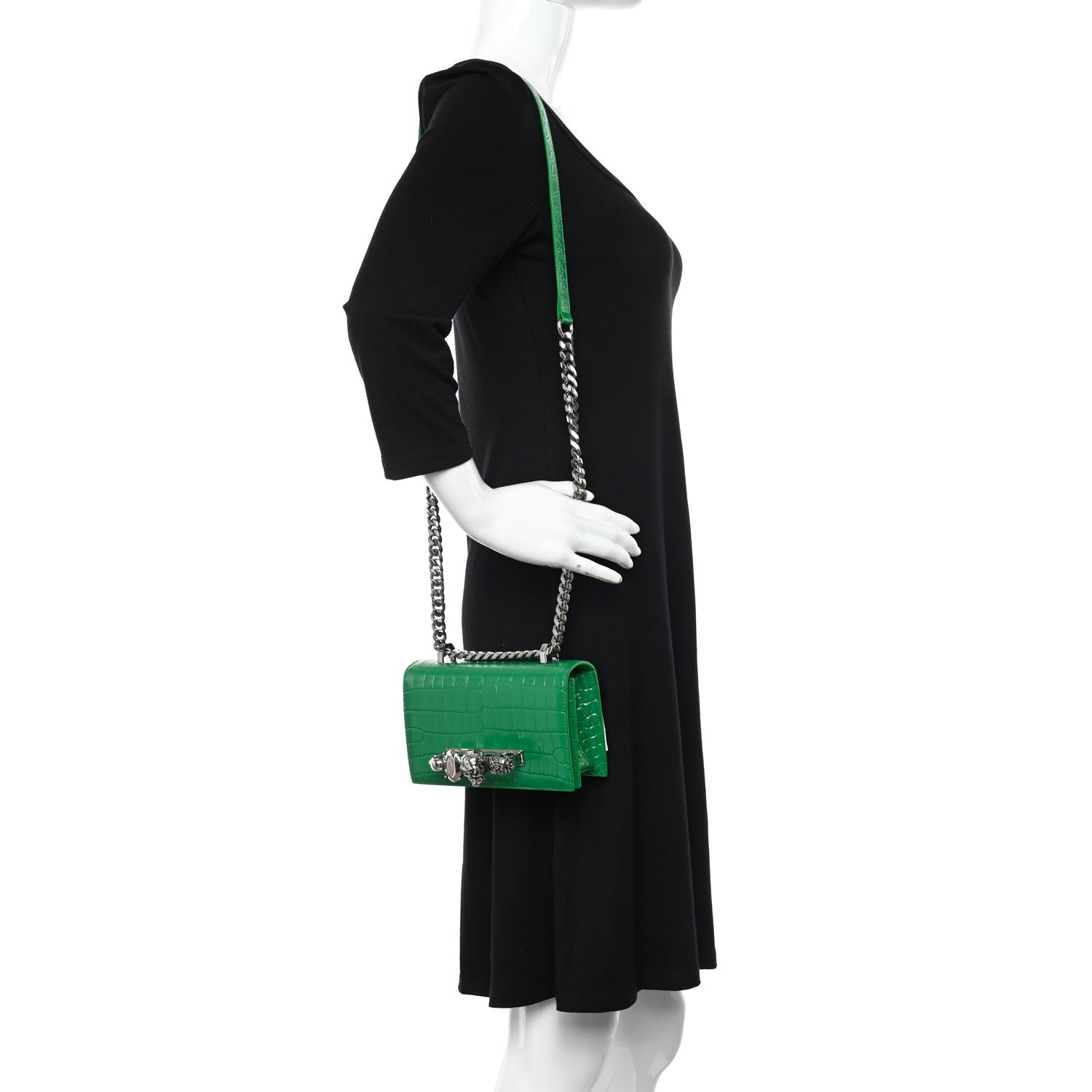 Alexander McQueen Calfskin Crocodile Embossed Knuckle Shoulder Bag Green 2 of 10
