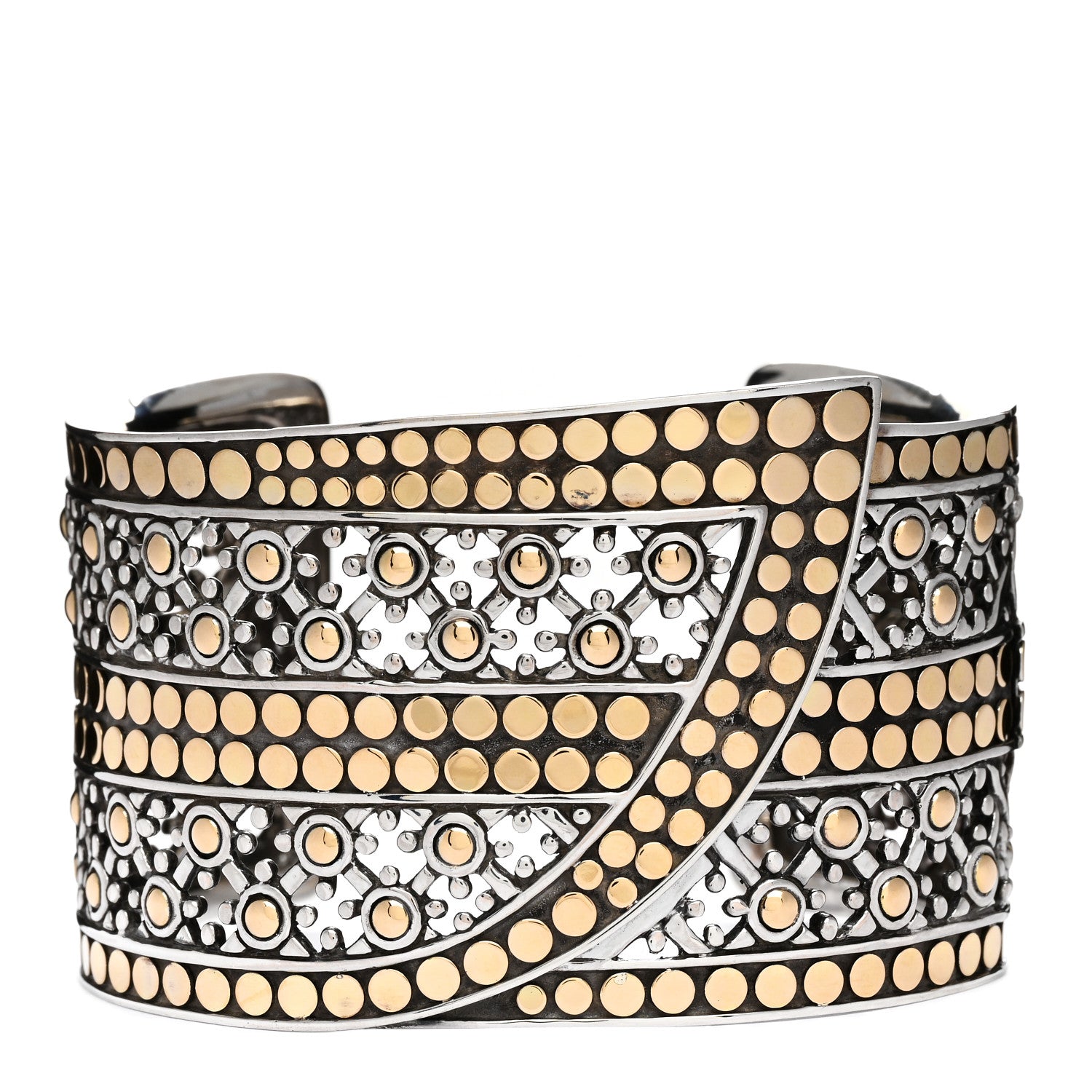 John Hardy Sterling Silver 18K Yellow Gold Wide Jaisalmer Dot Kick Cuff Bracelet 1 of 6
