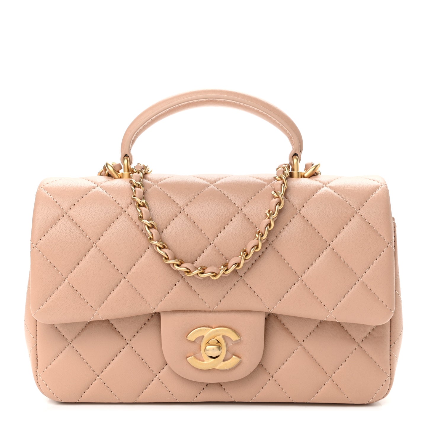 Lambskin Quilted Mini Top Handle Rectangular Flap Beige