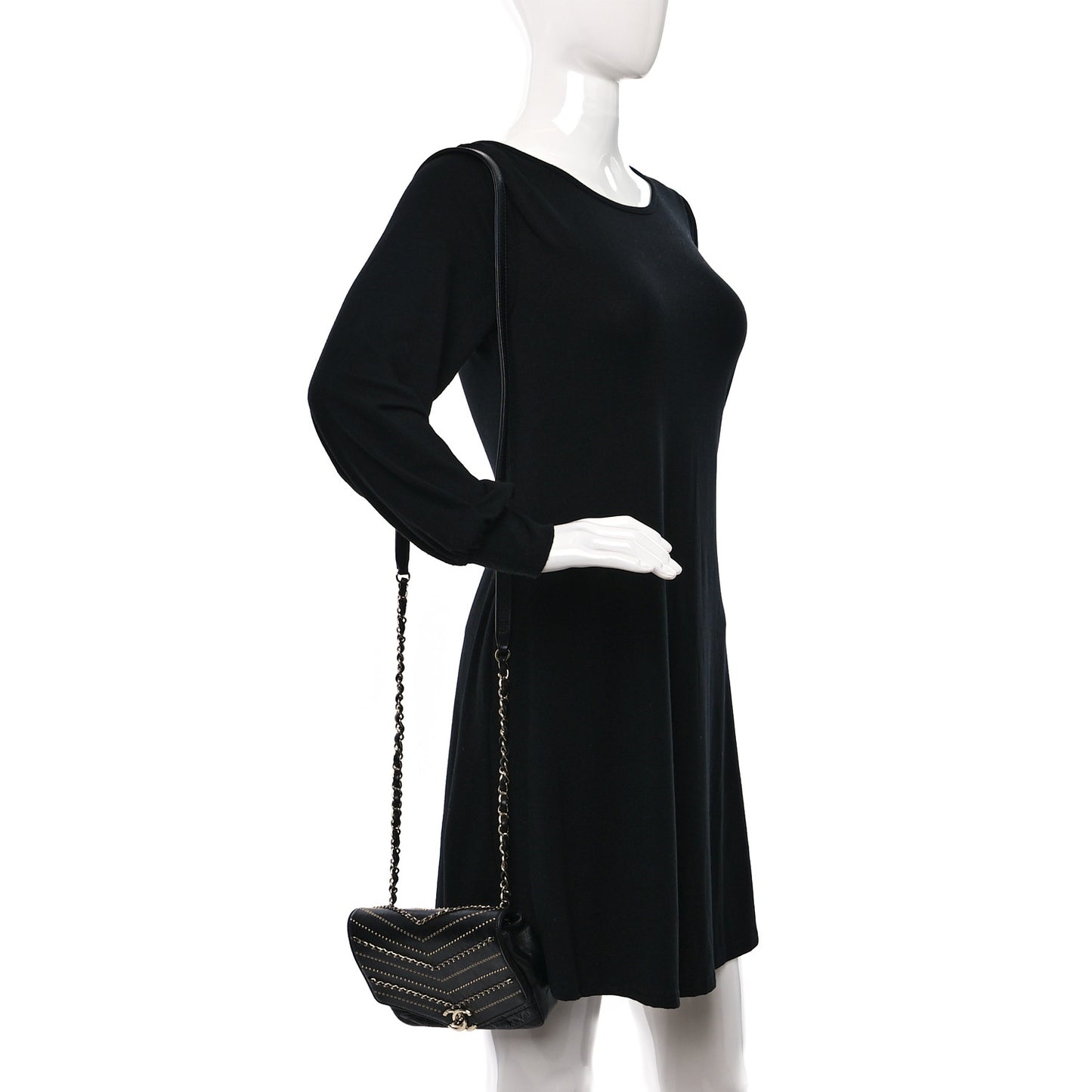 Crumpled Calfskin Chevron Chain Mini Square Flap Black