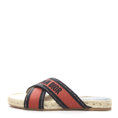 Christian Dior Canvas Embroidered Granville Espadrille Crisscross Flat Slide Sandals 37.5 Spicy Red 1 of 9